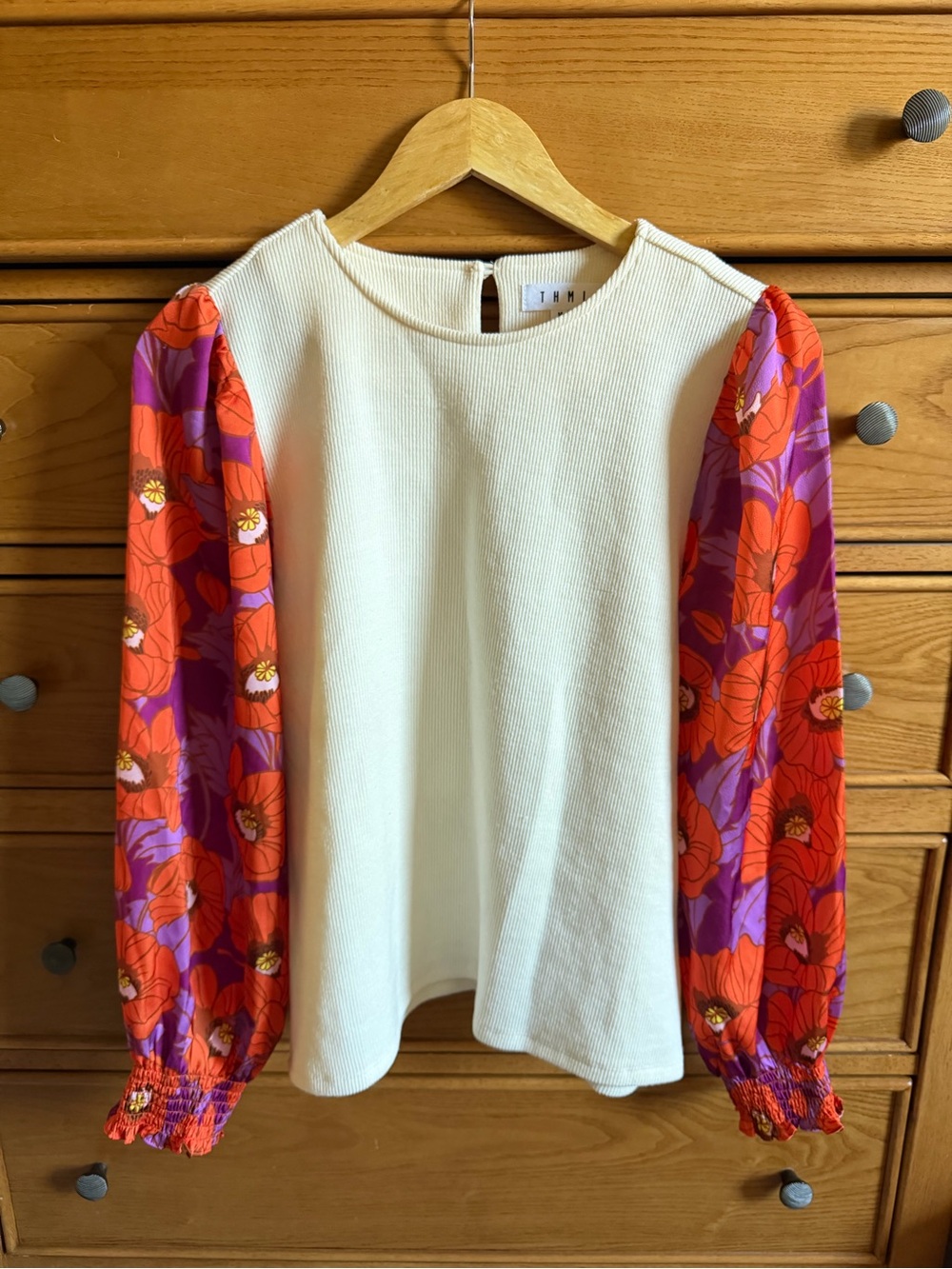 THML Yasmine Mixed Media Floral Puff Sleeve Knit Top Womens Size M Whimsical